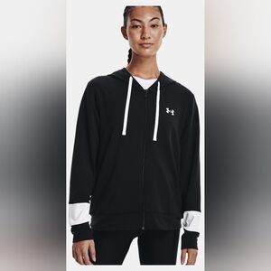 NWT Under Armour Women's UA Rival Terry Colorblock Full Zip Hoodie Black…